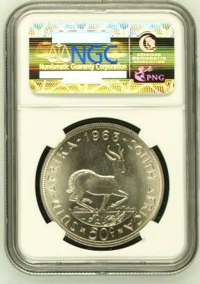 REPUBLIC OF SOUTH AFRICA 1963 FIFTY CENT GRADED MS64 BY NGC