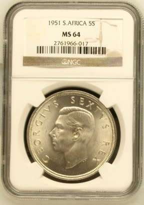 UNION OF SOUTH AFRICA 1951 FIVE SHILLINGS GRADED MS64 BY NGC