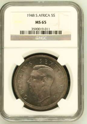 UNION OF SOUTH AFRICA 1948 FIVE SHILLINGS GRADED MS65 BY NGC