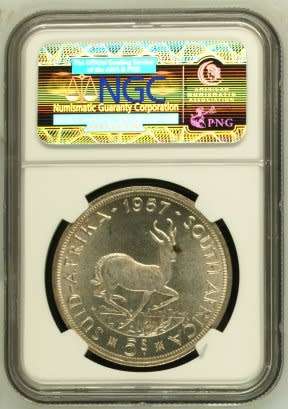 UNION OF SOUTH AFRICA 1957 FIVE SHILLINGS GRADED MS64 BY NGC