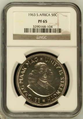 REPUBLIC OF SOUTH AFRICA 1963 FIFTY CENT GRADED PF65 BY NGC