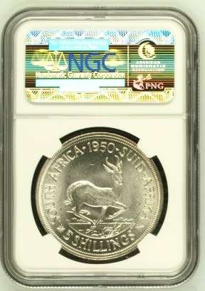 UNION OF SOUTH AFRICA 1950 FIVE SHILLINGS GRADED MS63 BY NGC