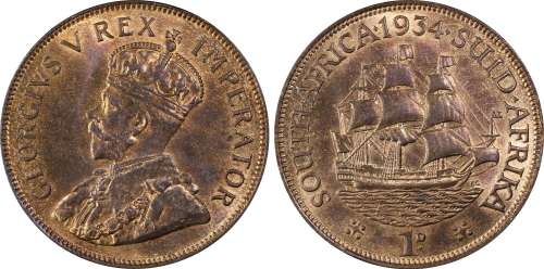 UNION OF SOUTH AFRICA 1934 PENNY 1P GRADED MS65RB BY PCGS (FINEST KNOWN RB COIN AT PCGS)
