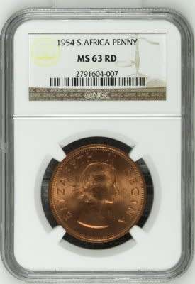 UNION OF SOUTH AFRICA 1954 PENNY GRADED MS63 RD BY NGC