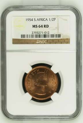 UNION OF SOUTH AFRICA 1954 HALF PENNY GRADED MS64 RD BY NGC