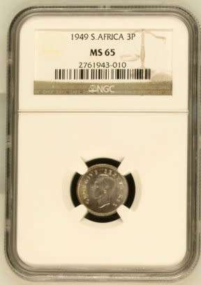 UNION OF SOUTH AFRICA 1949 THREEPENCE GRADED MS65 BY NGC