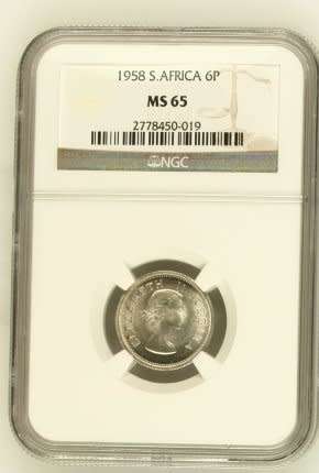 UNION OF SOUTH AFRICA 1958 SIXPENCE GRADED MS65 BY NGC