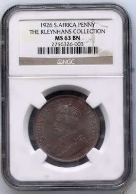UNION OF SOUTH AFRICA 1926 PENNY GRADED MS63 BN BY NGC