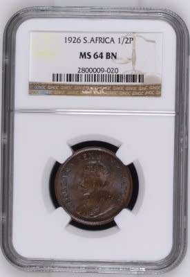 UNION OF SOUTH AFRICA 1926 HALF PENNY GRADED MS64 BN BY NGC (HARD COIN TO GET IN HIGH MS)