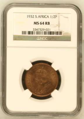 UNION OF SOUTH AFRICA 1932 HALF PENNY GRADED MS64RB BY NGC