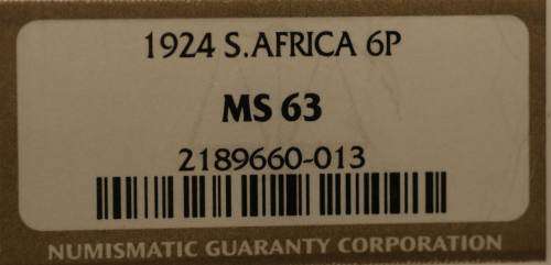 UNION OF SOUTH AFRICA 1924 SIXPENCE GRADED MS63 BY NGC