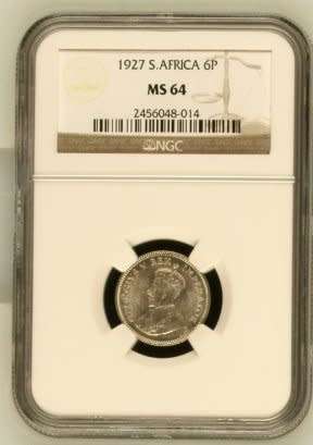 UNION OF SOUTH AFRICA 1927 SIXPENCE GRADED MS64 BY NGC