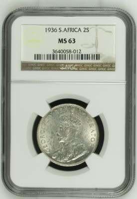 UNION OF SOUTH AFRICA 1936 TWO SHILLINGS GRADED MS63 BY NGC