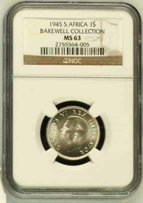UNION OF SOUTH AFRICA 1945 SHILLING GRADED MS63 BY NGC