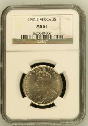 UNION OF SOUTH AFRICA 1934 TWO SHILLINGS GRADED MS61 BY NGC