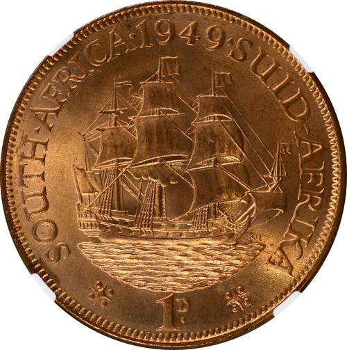 UNION OF SOUTH AFRICA 1949 PENNY NGC GRADED MS64RB (FULL MINT LUSTRE)