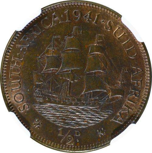 UNION OF SOUTH AFRICA 1941 HALF PENNY NGC GRADED MS64BN (SECOND FINEST SHARING BN)