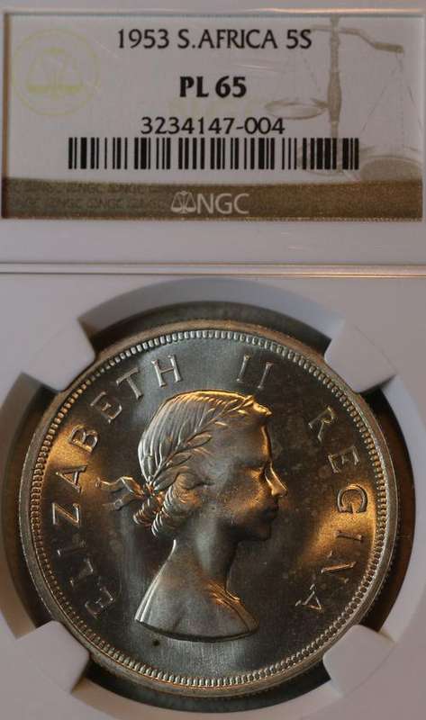 1953 PROOF LIKE UNION OF SOUTH AFRICA FIVE SHILLINGS (5S) GRADED PL65 BY NGC