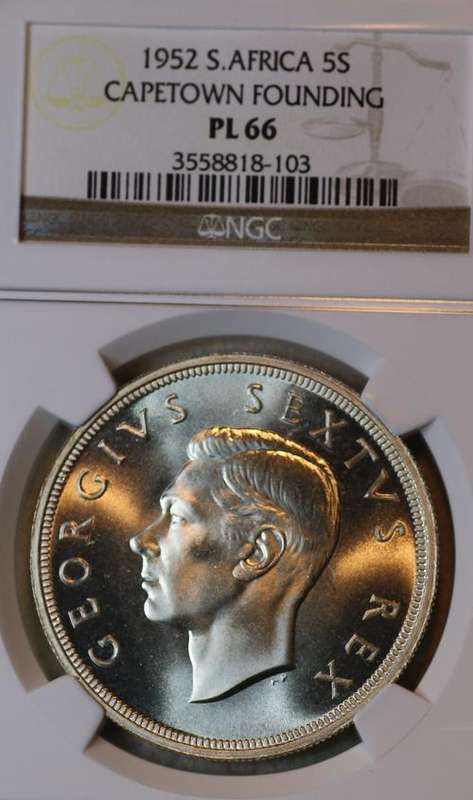 1952 PROOF LIKE UNION OF SOUTH AFRICA FIVE SHILLINGS (5S) GRADED PL66 BY NGC