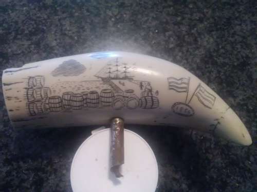 Unique Whale tooth inscribed with pictures depicting whaling activities and a ship.