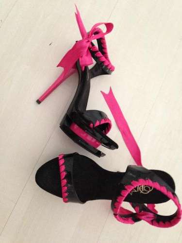 Pleasure hot pink and black triple heel platforms