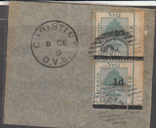 Orange Free State - 1881 - Pair no 13 from 1878 set surcharged - SACC 19 on piece with wing margins.