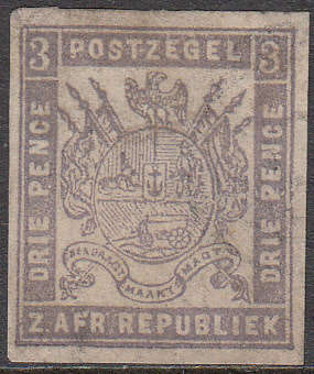 Transvaal - 1872-74 - SACC 29 3d Grey-Lilac - on thin paper