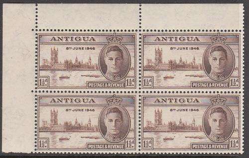 Victory Sets - 1946 - Antiqua  1 1/2d  M** Left top corner block of 4 - Please see below