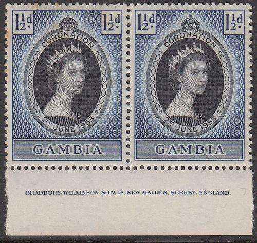 Coronation 1953 - Gambia - Pair M** with toning spots on 1 stamp only.  Printers name in margin.