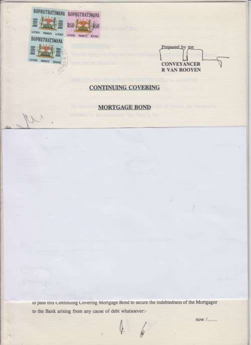 RSA Homelands - Bophuthatswana - Full cancelled Mortage Bond document with 3 Revenue stamps