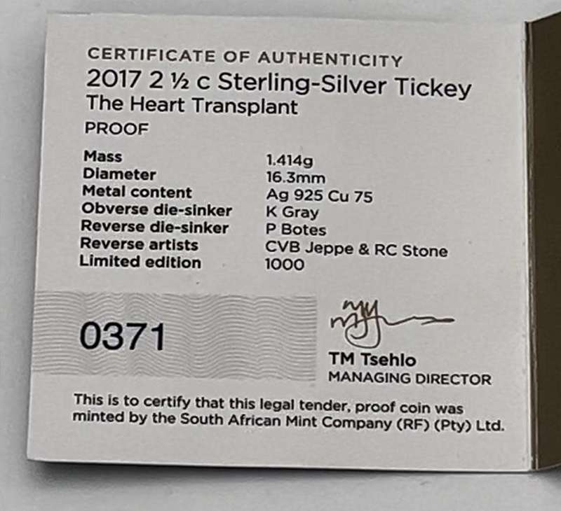 2017 Silver 2 1/2c Tickey 50th Anniversary of the Heart Transplant
