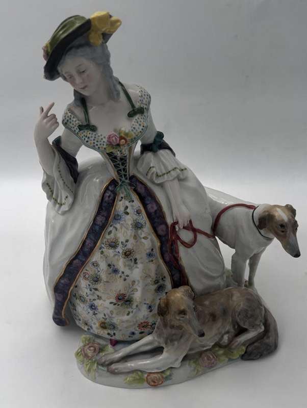 A VERY rare antique (1900-1919) German Karl Ens (Volkstedt) porcelain. LADY with dogs` figurine