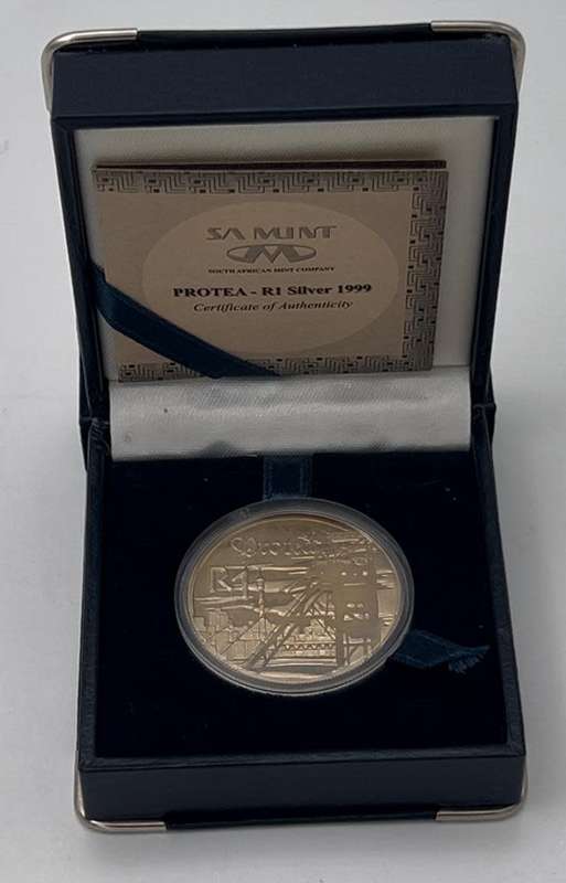 1999 R1 Silver Proof Coin - Protea Series - Gold Mining - Mintage 1511 / 2500