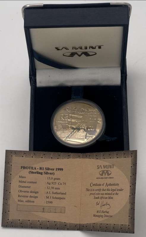 1999 R1 Silver Proof Coin - Protea Series - Gold Mining - Mintage 1511 / 2500