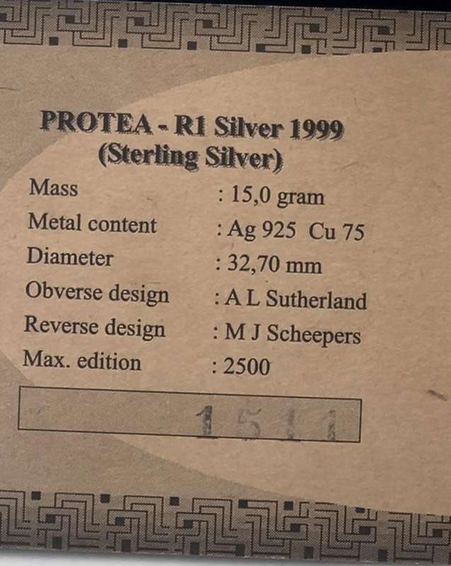 1999 R1 Silver Proof Coin - Protea Series - Gold Mining - Mintage 1511 / 2500