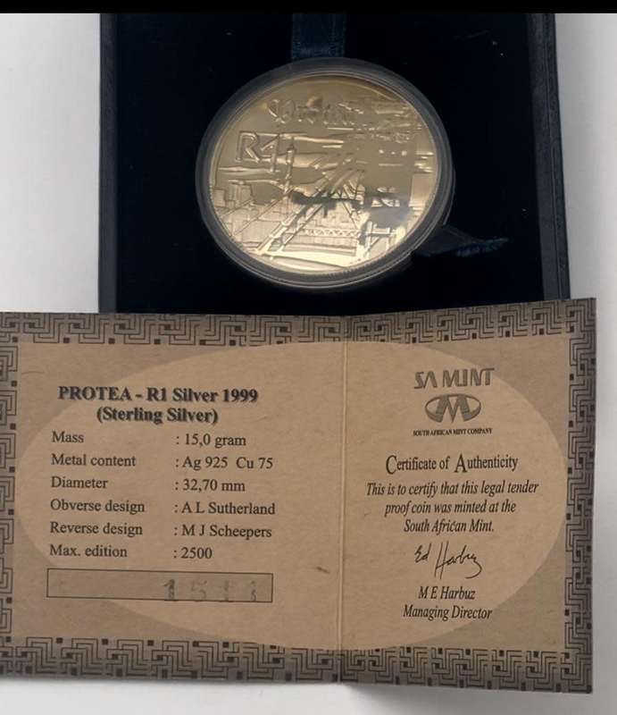 1999 R1 Silver Proof Coin - Protea Series - Gold Mining - Mintage 1511 / 2500