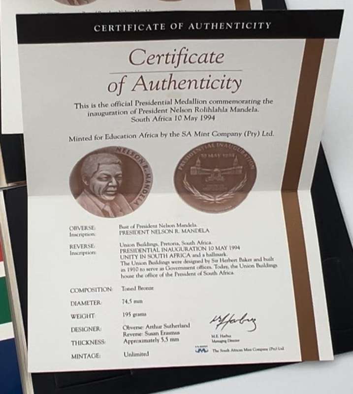Nelson Mandela Bronze Medallion Inauguration 1994 with Certificates SA Mint