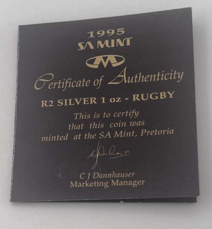 1995 South Africa Proof Silver World Cup Rugby R2 Mintage 3, 981 Very Rare