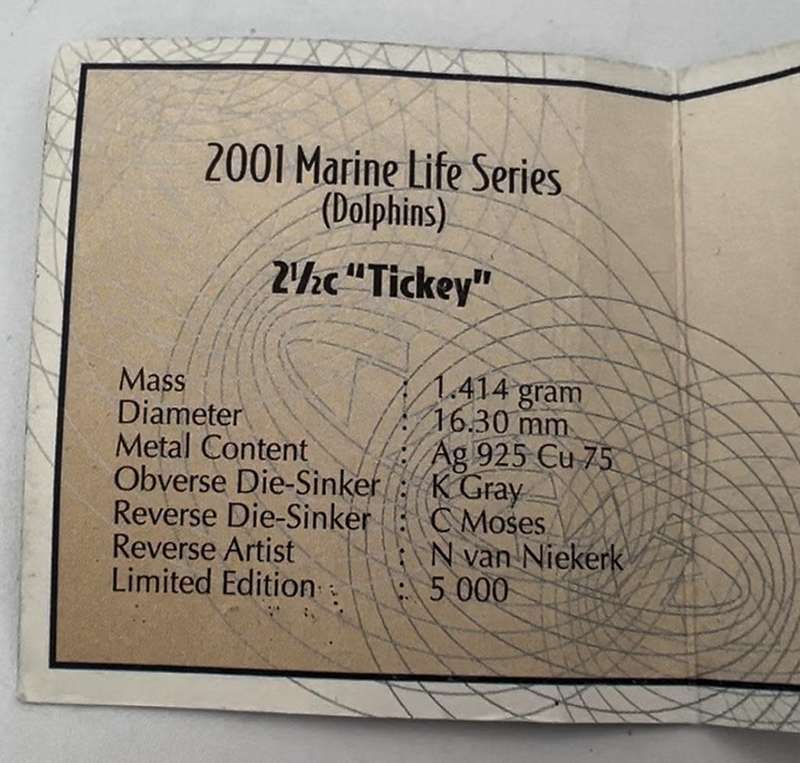 2½ Cents Dolphin RSA: Silver Proof Tickey of 2001