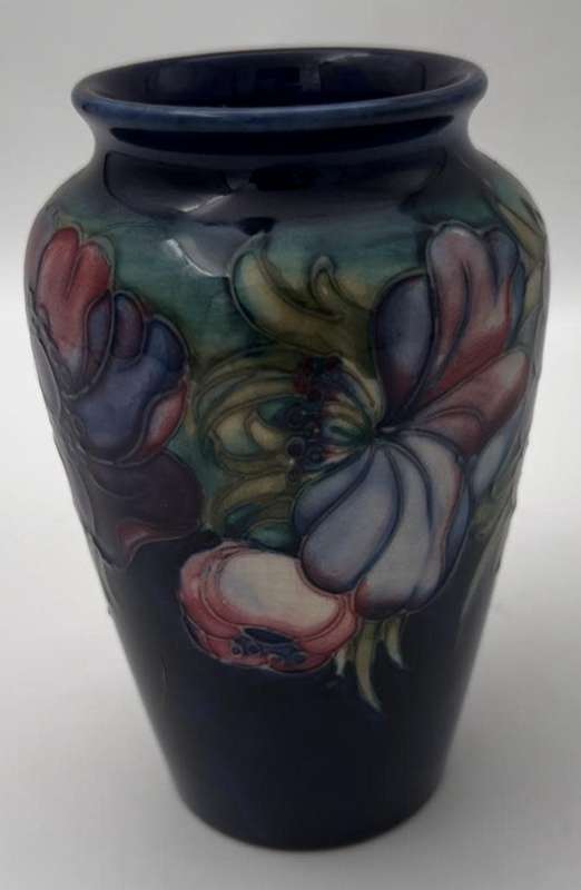 Walter Moorcroft blue vase Clematis pattern 13cm