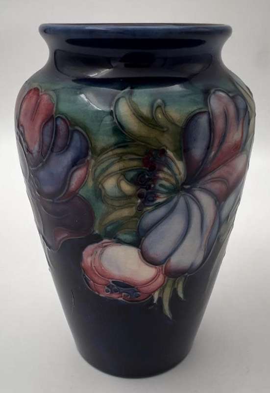 Walter Moorcroft blue vase Clematis pattern 13cm