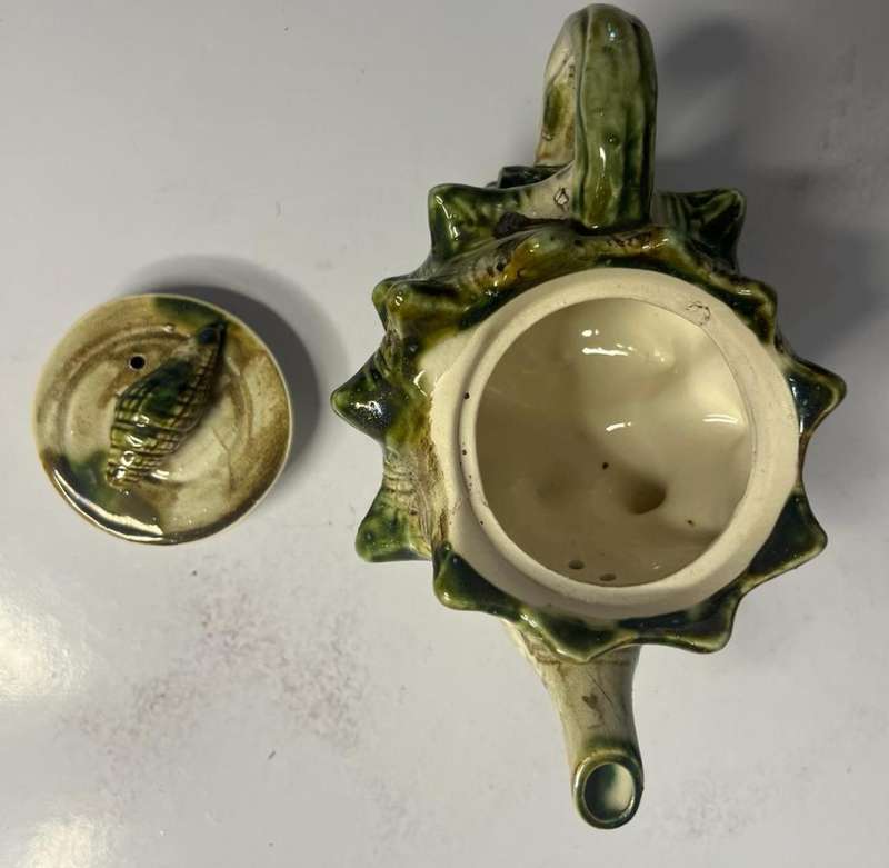 Majolica Style Green & Brown Seashell Conch Shell Japanese Tea Set (Teapot, Sugar bowl and Milk jug)