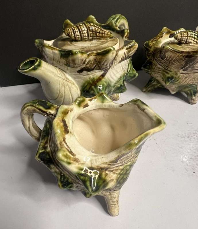 Majolica Style Green & Brown Seashell Conch Shell Japanese Tea Set (Teapot, Sugar bowl and Milk jug)