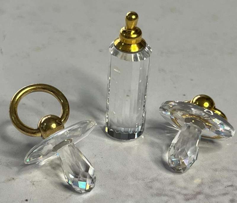 SWAROVSKI CRYSTAL MEMORIES  BABYS BOTTLE GOLD & 2 PACIFIER GOLD
