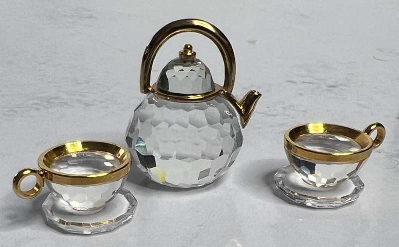 Gold Rimmed Swarovski Crystal Miniature Teapot and Two Cups with Saucers