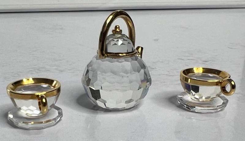 Gold Rimmed Swarovski Crystal Miniature Teapot and Two Cups with Saucers