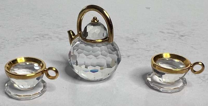 Gold Rimmed Swarovski Crystal Miniature Teapot and Two Cups with Saucers