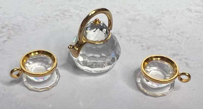 Gold Rimmed Swarovski Crystal Miniature Teapot and Two Cups with Saucers