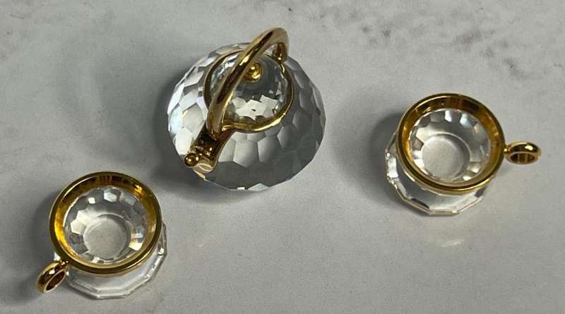 Gold Rimmed Swarovski Crystal Miniature Teapot and Two Cups with Saucers