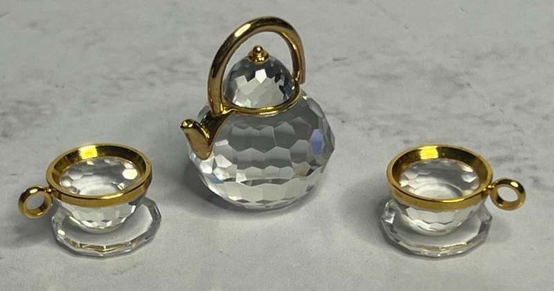 Gold Rimmed Swarovski Crystal Miniature Teapot and Two Cups with Saucers